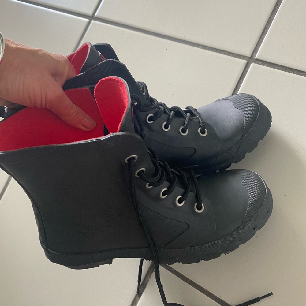 Size 8.5 black rubber lace up ankle boots by Ralph Lauren.
